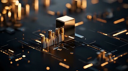 Poster - Futuristic microchip with glowing golden circuit elements on dark background. Close-up view of electronic components with dramatic lighting creates tech atmosphere.