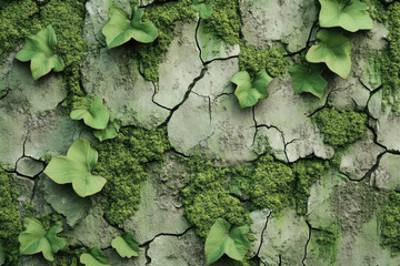 Aufkleber - Cracked earth surface covered with green moss and ivy leaves, showcasing nature's resilience.
