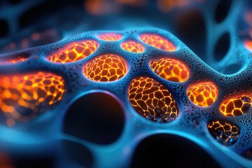 Poster - Abstract 3D render of a vibrant blue and orange cellular structure, glowing with internal light.