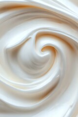 Poster - Smooth swirling cream texture in white and beige tones creates abstract spiral pattern, suitable for food industry backgrounds and cosmetic packaging designs.