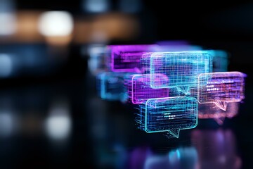 Poster - glowing holographic chat bubbles floating in dark space with neon pink and blue colors create futuri