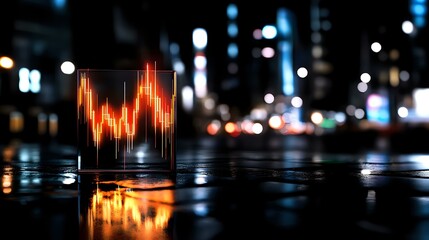 Poster - Glowing orange stock market graph hologram reflected on wet city street at night with blurred bokeh lights and urban background.