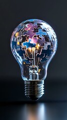 Poster - Light bulb with glowing puzzle pieces forming globe shape against dark background, symbolizing creative solutions and innovative thinking in business concepts.