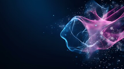 Poster - Ethereal glowing profiles in blue and pink merge together with particle effects and flowing energy streams against dark background, depicting connection concept.