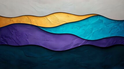 Poster - Abstract layered paper cut background in vibrant purple, gold and turquoise colors creating mountainous landscape effect with dramatic shadows and texture.