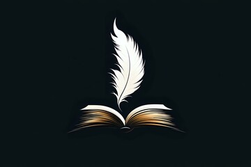 Poster - Open book with white feather quill floating above pages on dark green background, symbolizing literature, writing and storytelling. Minimalist design for publishing.