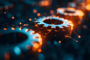 Poster - Glowing gear mechanism with connected dots and lines in orange and blue tones, symbolizing digital transformation and technological advancement in manufacturing.