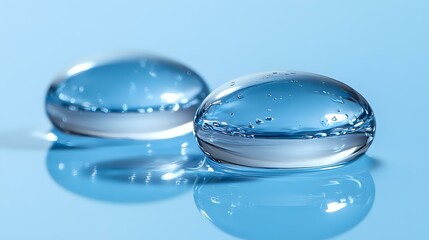Poster - Transparent water drops on blue surface with reflection. Macro photography showing surface tension and optical distortion creates abstract natural pattern.