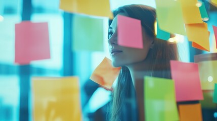 Poster - Happy creative businesspeople brainstorming in office, placing sticky notes with ideas on glass
