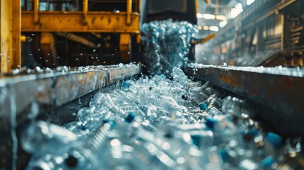 Poster - Water bottles are being sorted and processed on a conveyor belt inside a recycling facility. Sunlight illuminates the area as plastic waste accumulates.