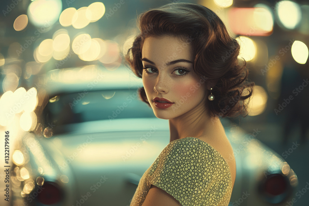 Retro styled woman with vintage hairstyle and dress, posing against a ...