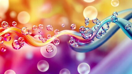 Poster - Molecules floating over a vibrant, waving background in an abstract representation of movement and color, molecules moving over waving multi coloured background