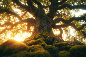 Aufkleber - Ancient oak tree bathed in golden sunlight, its massive roots covered in moss, a symbol of strength and longevity.