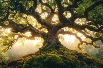 Aufkleber - Ancient, majestic oak tree bathed in golden sunlight, its moss-covered roots grounding it in nature's embrace.