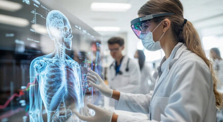 Aufkleber - Interns dressed in lab coats engage with an interactive holographic display of the human skeleton. They focus intently on the advanced technology, preparing for future medical practices.