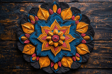 Poster - Intricate mandala design crafted from colored sand, showcasing vibrant hues and detailed floral patterns on a dark wood background.