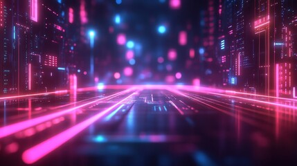 Fototapete - Dynamic neon light trails illustrating futuristic technology in a virtual cityscape environment