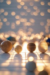 Poster - beautifully arranged glass spheres illuminated by soft bokeh lights in the background during golden 