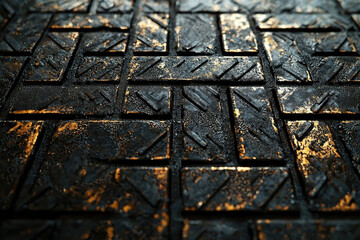Poster - Dark, wet, metallic grid pattern with gold accents. Industrial, textured surface.