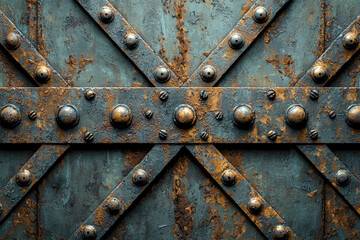 Poster - Rustic metal texture with aged, grunge look, showing intersecting metal bands and rivets.