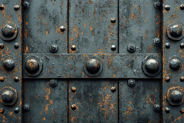 Poster - Rustic dark metal door with rivets and bolts, showing age and texture.