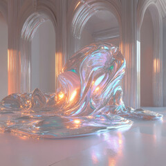 Poster - Iridescent liquid sculpture in a futuristic, classical hall, glowing with inner light.