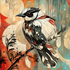 Poster - Stylized bird perched on a branch, detailed feathers against an abstract, textured background.