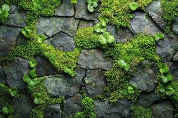 Aufkleber - Lush green moss and plants thriving on dark, cracked stone.
