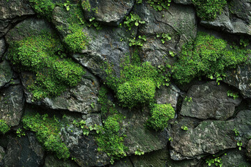 Poster - Lush green moss thrives on dark, textured stone, creating a natural, vibrant wall.
