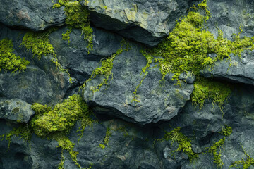 Poster - Dark gray rocks with vibrant green moss growing in crevices, creating a textured natural scene.