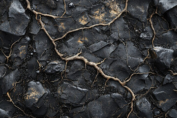 Poster - Roots penetrate dark, cracked rocks, showcasing resilience and the power of nature's persistence.