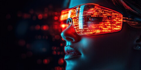 Poster - Futuristic woman wearing illuminated glasses with digital data reflected in a dark cyberpunk setting at night