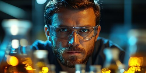 Poster - Scientist conducting research in a laboratory with various glassware during evening hours