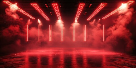 Poster - Dramatic red lighting fills a performance space creating an intense atmosphere for an upcoming event