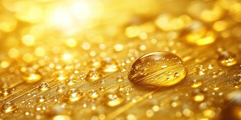 Poster - close-up of glistening water droplets on a golden surface reflecting warm sunlight