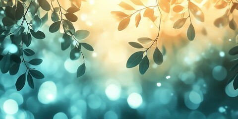 Poster - Bright sunlight filtering through green leaves near a serene bokeh background in a tranquil outdoor setting