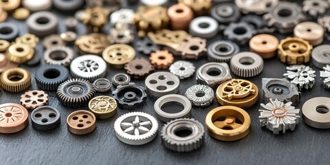 Poster - Close-up view of various metal gears and machine parts arranged on a dark surface, showcasing intricate designs and textures
