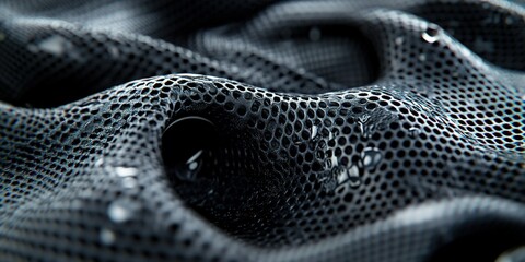 Poster - Detailed close-up of textured black mesh fabric with water droplets on its surface