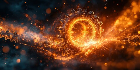Poster - Gears glowing with sparks and energy in a dynamic motion captured in a dark setting