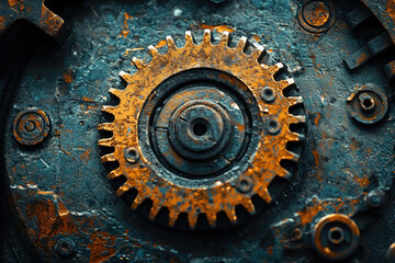 Aufkleber - Close-up of a rusty, aged gear mechanism, showcasing intricate details and textures.