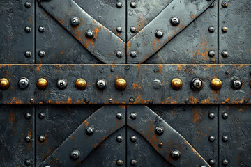 Poster - Rusty metal door with X-shaped reinforcements, studded with dark and gold rivets.