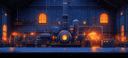 Poster - Industrial workshop with furnaces glowing at dusk in a busy manufacturing facility