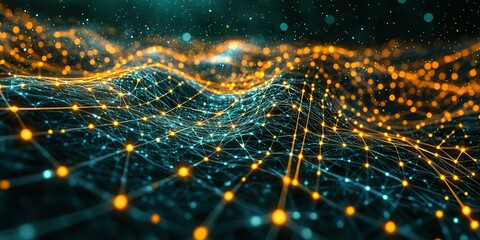 Poster - Vibrant digital landscape with glowing connections and shimmering elements in a dark atmosphere