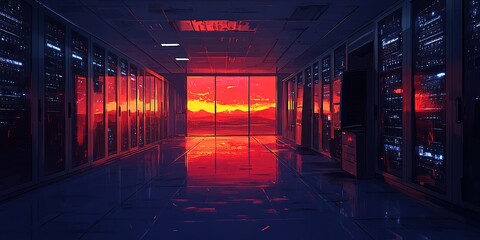Poster - Bright sunset reflects in a modern data center with server racks and a vibrant skyline