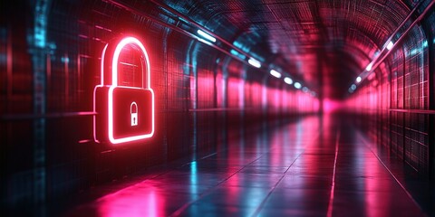 Poster - Neon lock symbol illuminates a dark tunnel with vibrant blue and pink lights in a futuristic setting