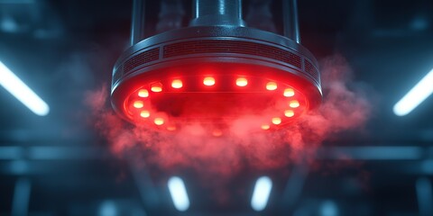 Poster - High-tech red light source emitting steam in a futuristic lab setting during evening hours