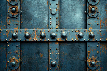 Poster - Rustic, dark blue metal door with rivets, bolts, and aged texture.