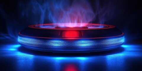 Poster - Colorful glowing futuristic device emitting smoke in a dark environment with blue and red lights