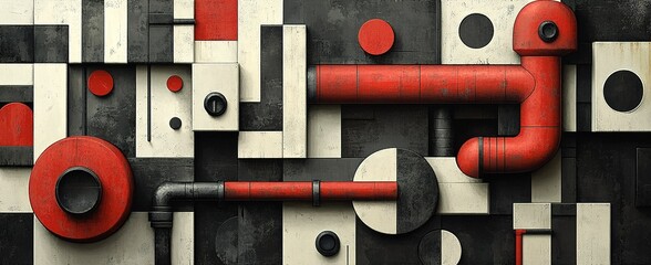 Poster - Contemporary abstract design featuring red and black pipe structures on a textured background
