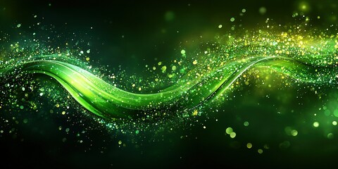 Poster - Vibrant green wave with sparkling particles and dynamic motion in a mystical environment